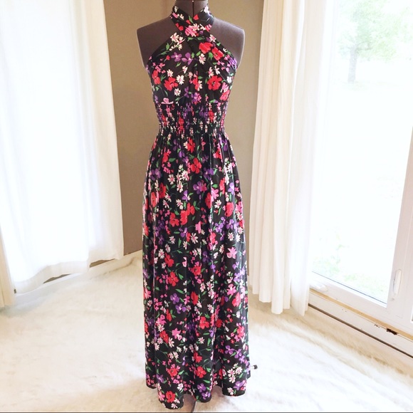 Vintage Dresses & Skirts - Vintage Boho Floral Black Halter Maxi Dress 70’s